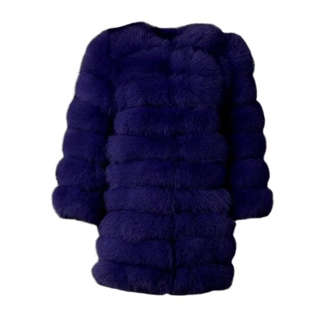 Royal Blue Winter Women's Solid Thick Fur Long Detachable Coats & Jackets