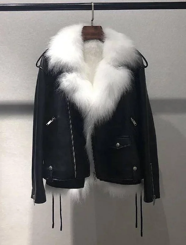 Sheepskin Leather Biker Jacket With Fox Fur Vest Lining