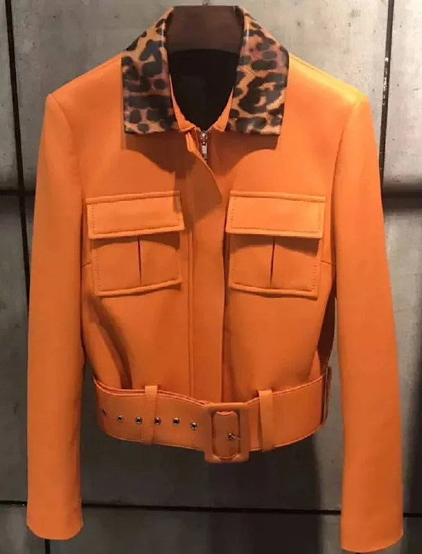 Sheepskin Leather Jacket With Leopard Collar