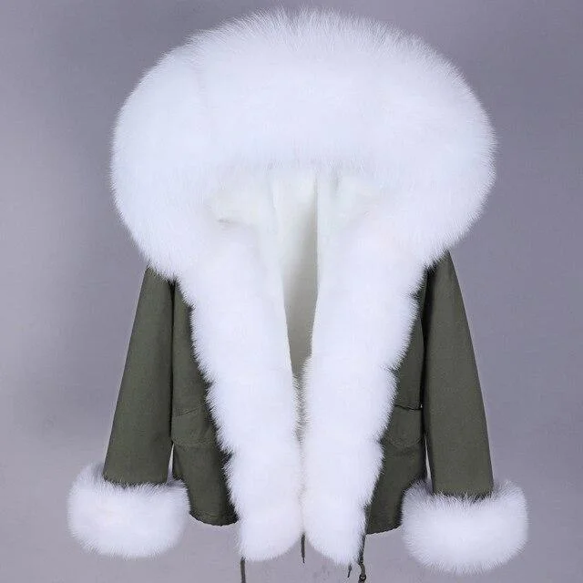 Short Warm Winter Parka Thick Hood Natural Raccoon Fox Fur Women's Coat