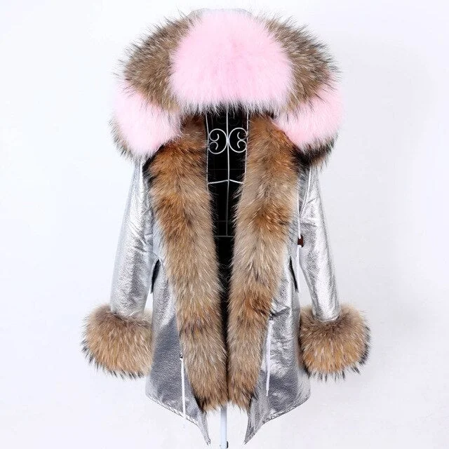 Silver Color Women's Natural Real Fur Collared Coat Parka Jacket for Winter