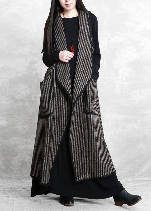 Simple Black Chocolate Striped Pockets Peter Pan Collar Fall Waistcoat Long