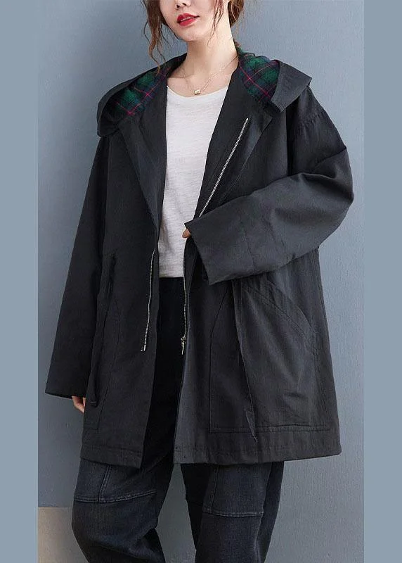 Simple Black fashion Casual zippered Fall  Hooded trench coats