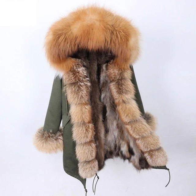 Solid Color Hooded Women's Winter Jacket with Natural Raccoon Fur Collar