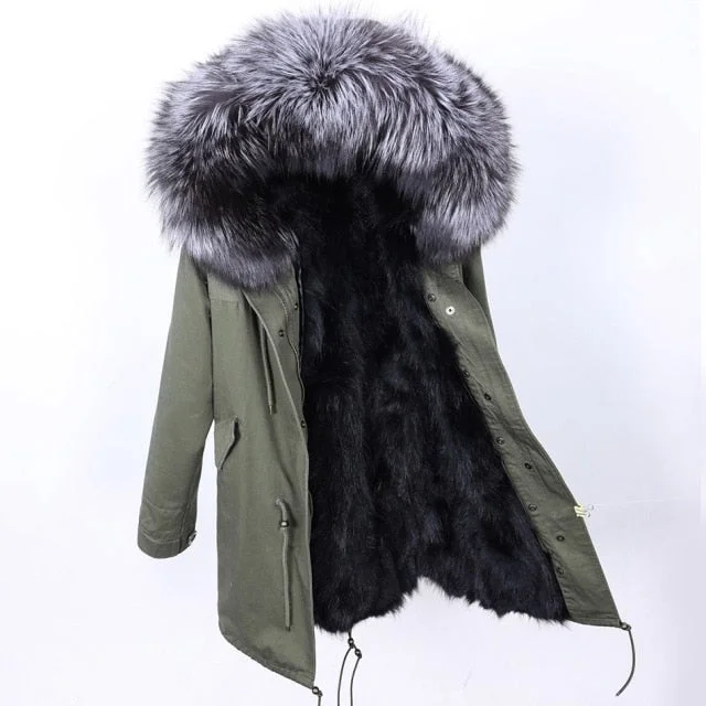 Solid Color Long Winter Jacket for Women with Natural Raccoon Fur Hood