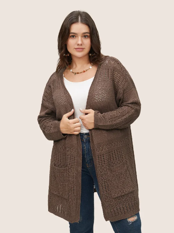 Solid Geometric Hollow Out Pocket Cardigan