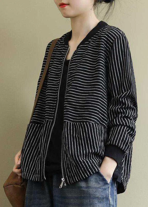 Street Black Striped zippered Pockets Fall Jacket Long sleeve