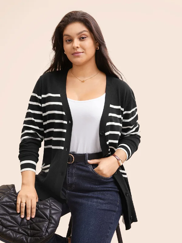 Striped V Neck Button Up Pocket Cardigan