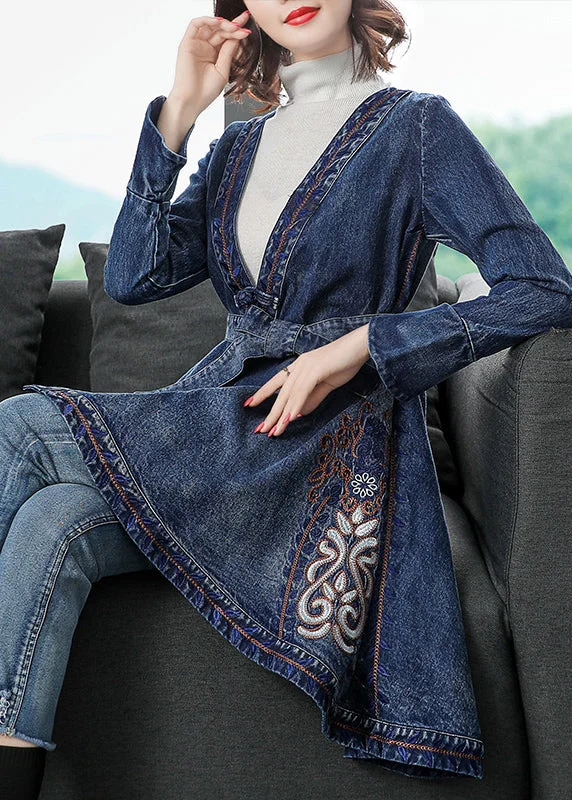 Stylish Blue V Neck Embroideried Tie Waist Cotton Denim Trench Coats Long Sleeve