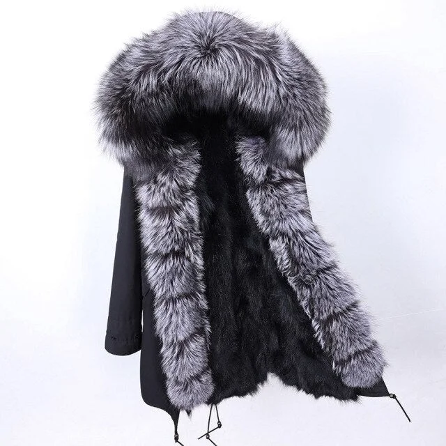 Stylish Thick Warm Hooded Natural Raccoon Fur Collared Long Jacket