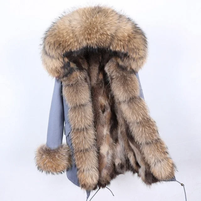 Stylish Warm Hooded Women's Winter Jacket with Natural Raccoon Fur Collar