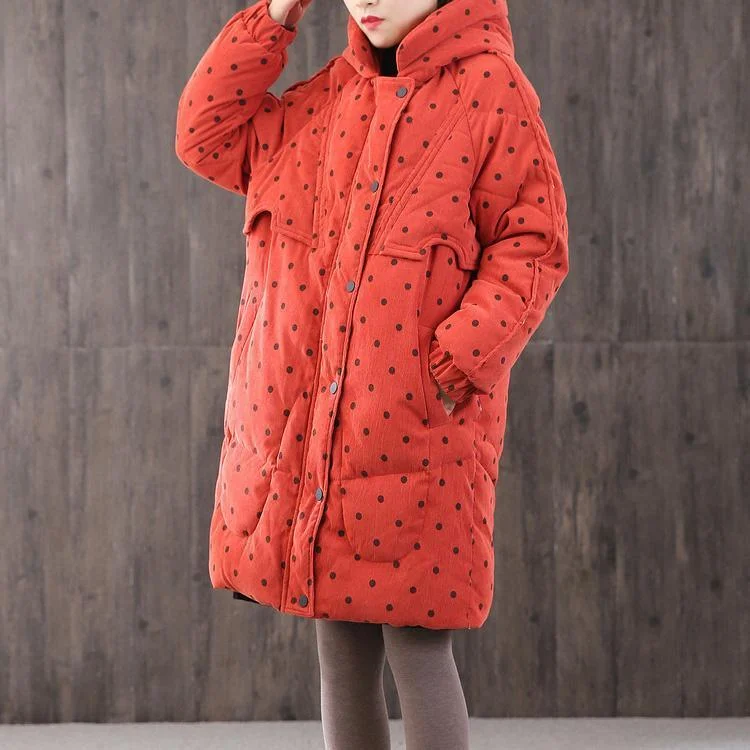 thick casual winter coats red dotted hooded zippered Parkas