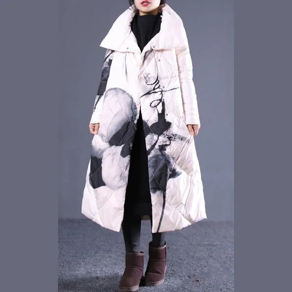 thick light nude print quilted coat oversized stand collar down overcoat Elegant pockets zippered down overcoat