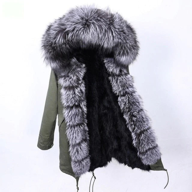 Thick Warm Hooded Natural Raccoon Fur Collared Women's Winter Jacket