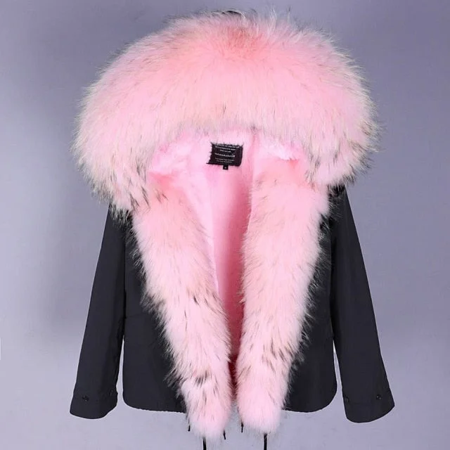 Thick Warm Zipper Closed Natural Raccoon Fur Collared Winter Jacket for Women