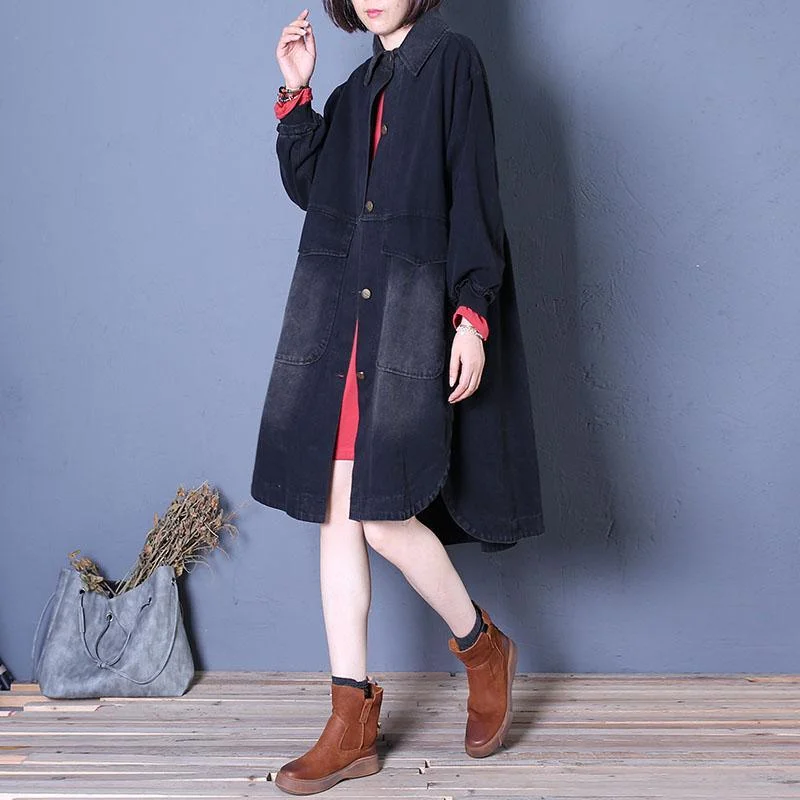 top quality denim black overcoat Loose fitting mid-length coats fall lapel Large pockets