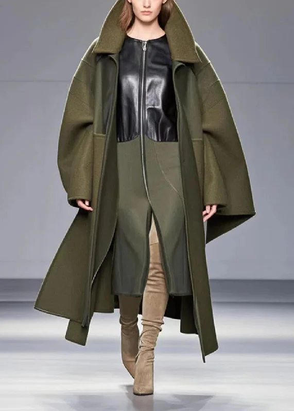 Unique Army Green Patchwork Woolen Coat Fall