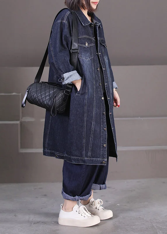 Unique Dark Blue Peter Pan Collar Pockets Patchwork Button Denim Long Trench Coat Fall