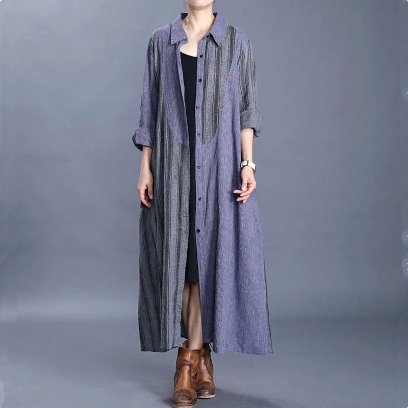 Unique lapel Button Down Fashion trench coat blue patchwork striped cardigan