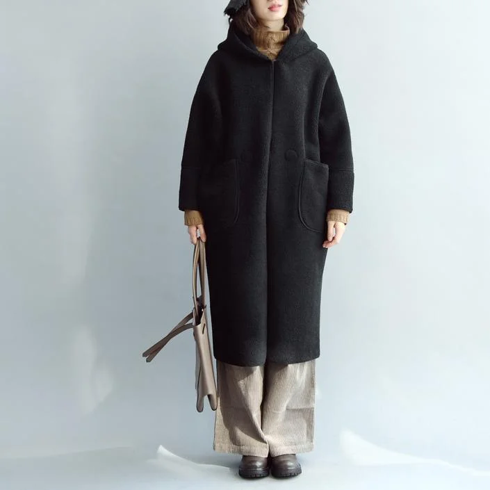 Vintage Black Wool Coat Oversized Hooded Maxi Coat Vintage Coats