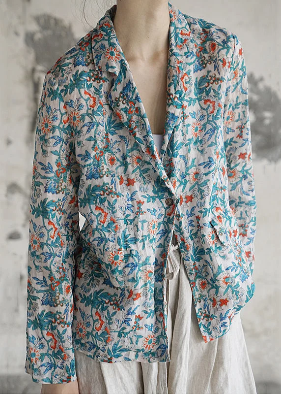 Vintage Blue Button Print Patchwork Cotton Coats Fall