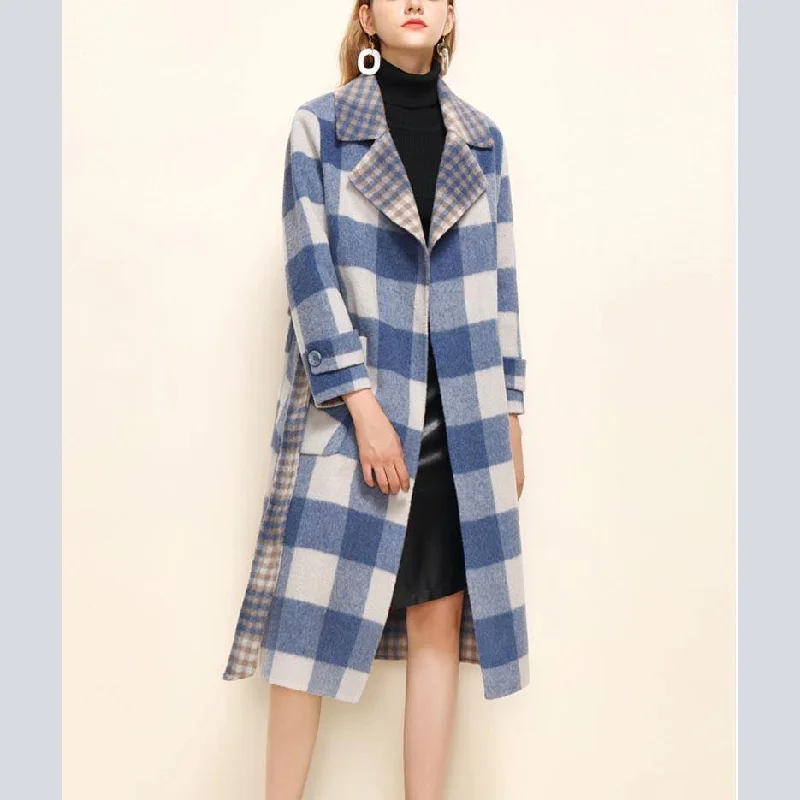 Fashion Blue Plaid Woolen Coat Women Medium Length Jackets Notched Tie Waist Outwear