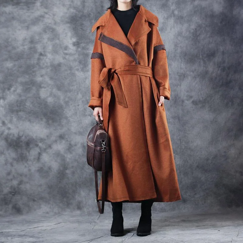 vintage brown Coats casual Notched tie waist maxi coat top quality patchwork Wool Coat