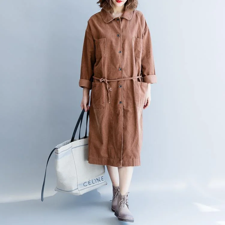 vintage khaki  maxi coat Loose fitting tie waist cardigans Elegant lapel collar  Coats