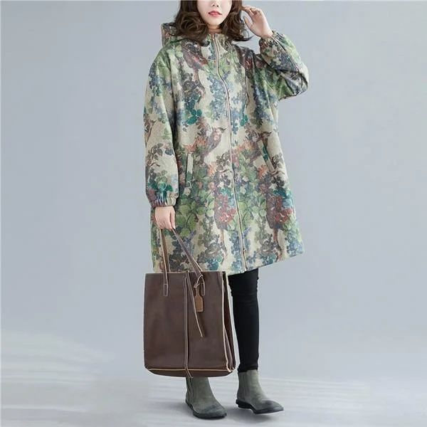 Vintage Print Floral Parkas For Women Winter Coat Hooded Zipper Pockets