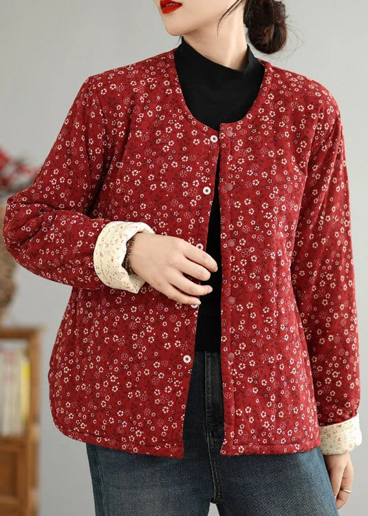 Vintage Red O Neck Button Print Thick Coats Winter