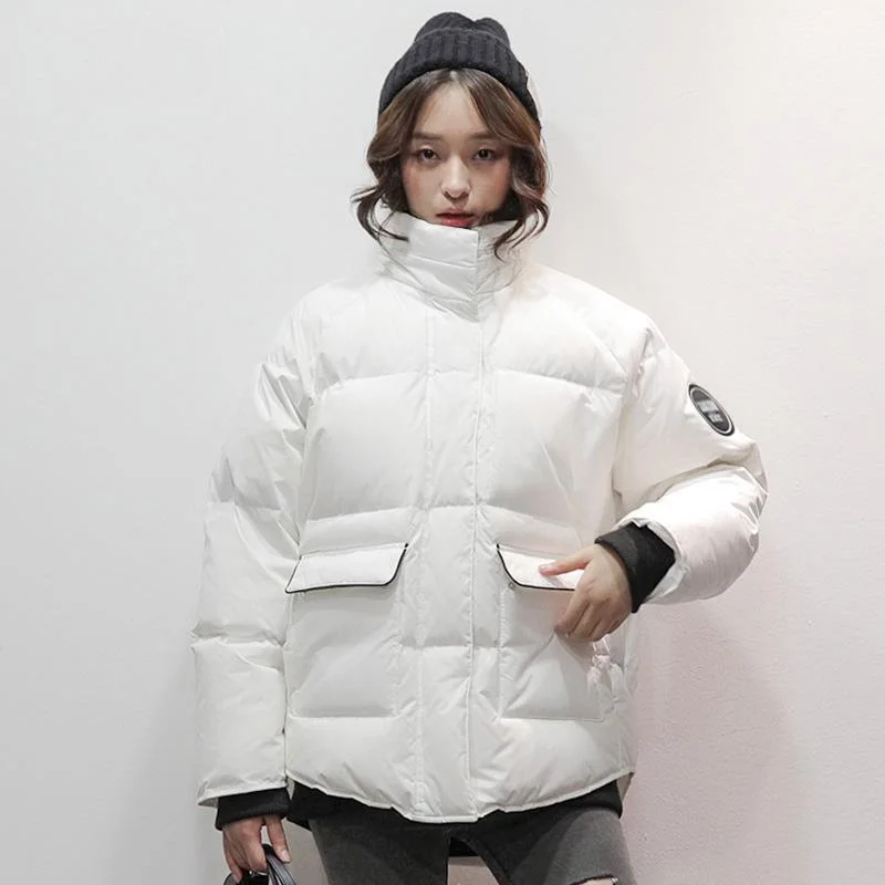 Warm beige white  down coat winter Loose fitting high neck winter jacket big pockets coats