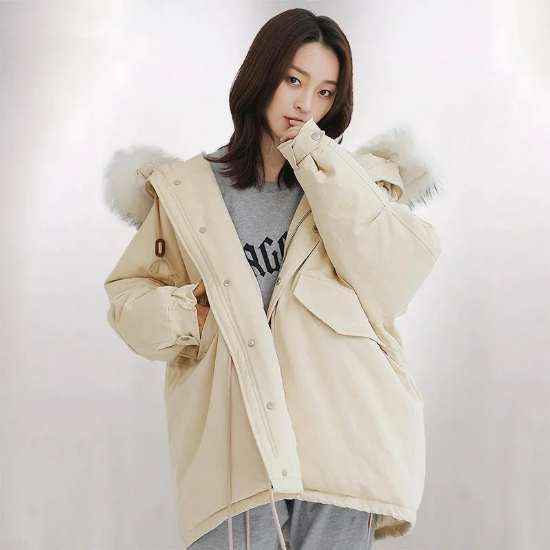 Warm beige white warm winter coat casual back open winter jacket fur collar Jackets