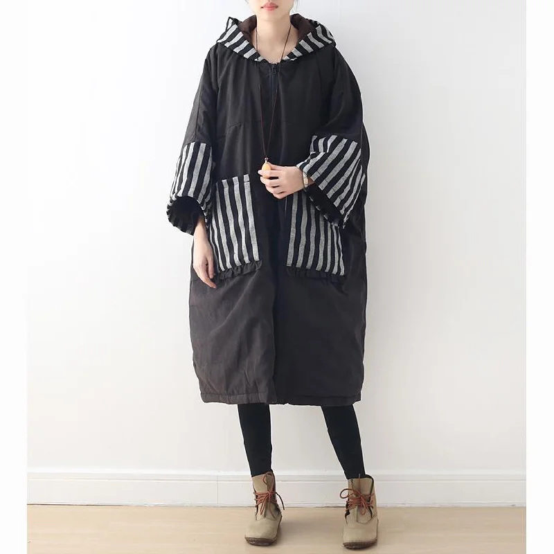 Warm black coat oversized hooded Batwing Sleeve quilted coat Luxury patchwork pockets overcoat