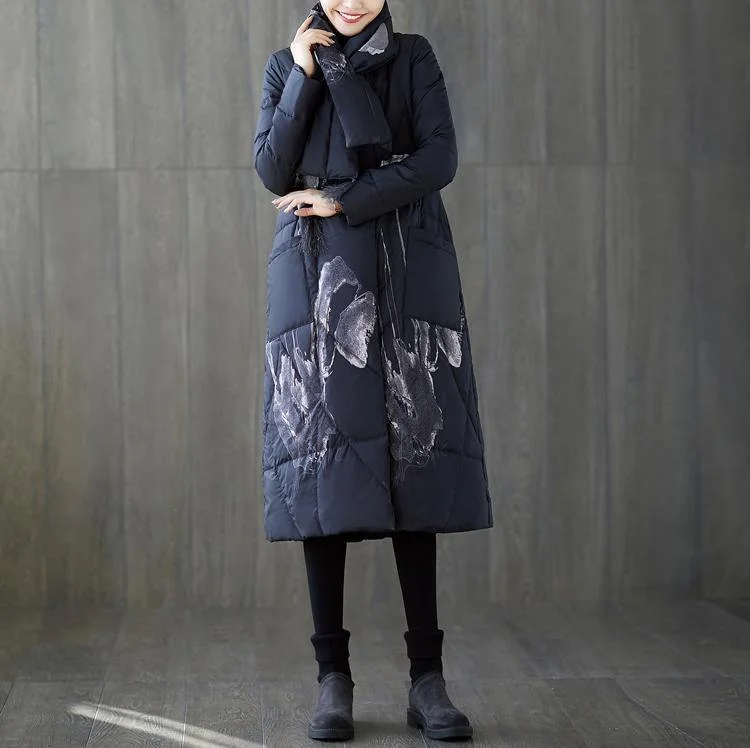 Warm black print down coat oversized tassel quilted coat pockets down coat