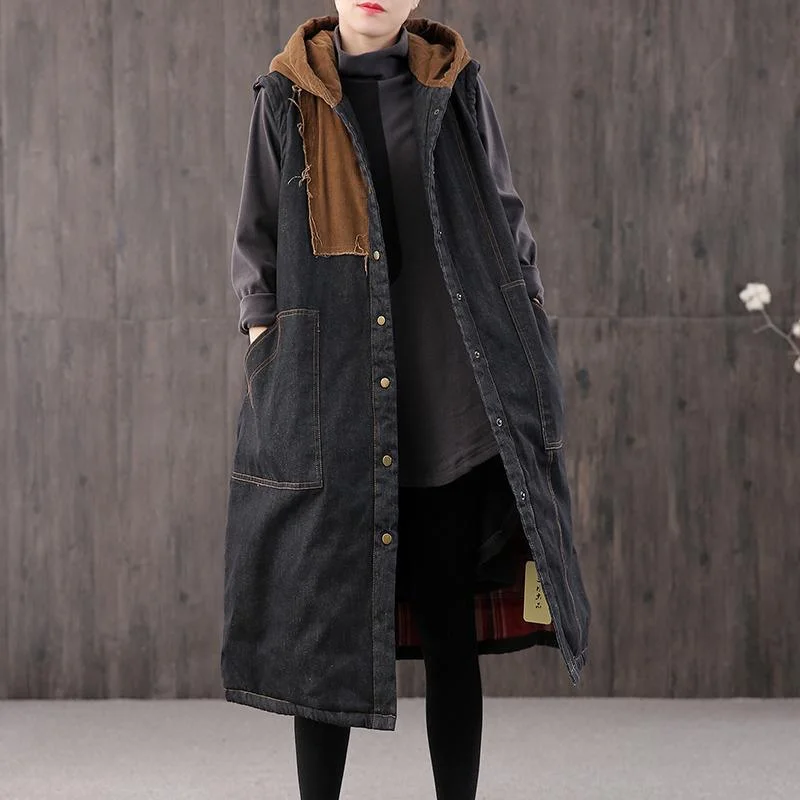 Warm denim black Parkas for women casual Coats outwear hooded pockets sleeveless