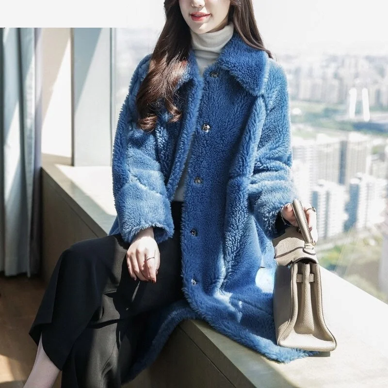 Warm Winter Fashion Long Korean Style Shearling Fur Coat Jacket for Women