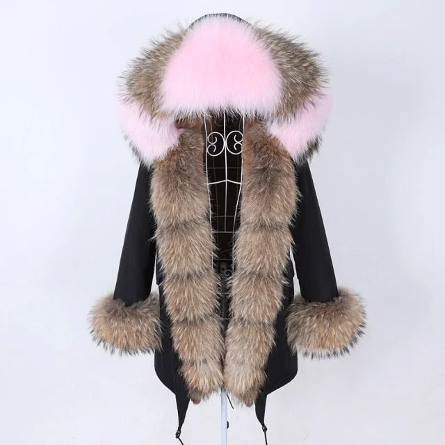 Warm Winter Natural Fox Fur Collar and Sleeves Black Coat Jacket for Women