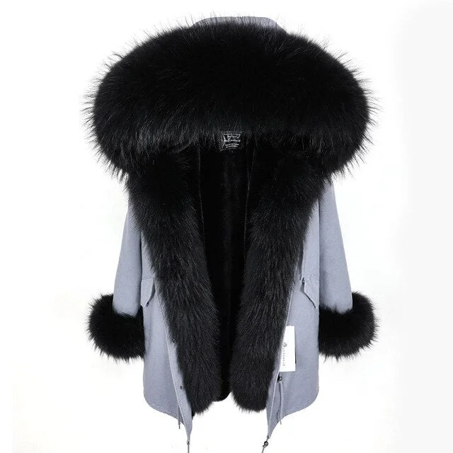 Warm Winter Style Black Natural Fur Collar Coat Parka Jacket for Women