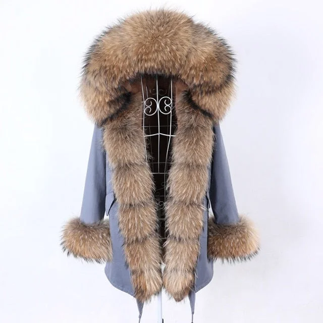 Warm Winter Style Natural Fox Fur Collar Blue and Gray Coat Jacket for Women