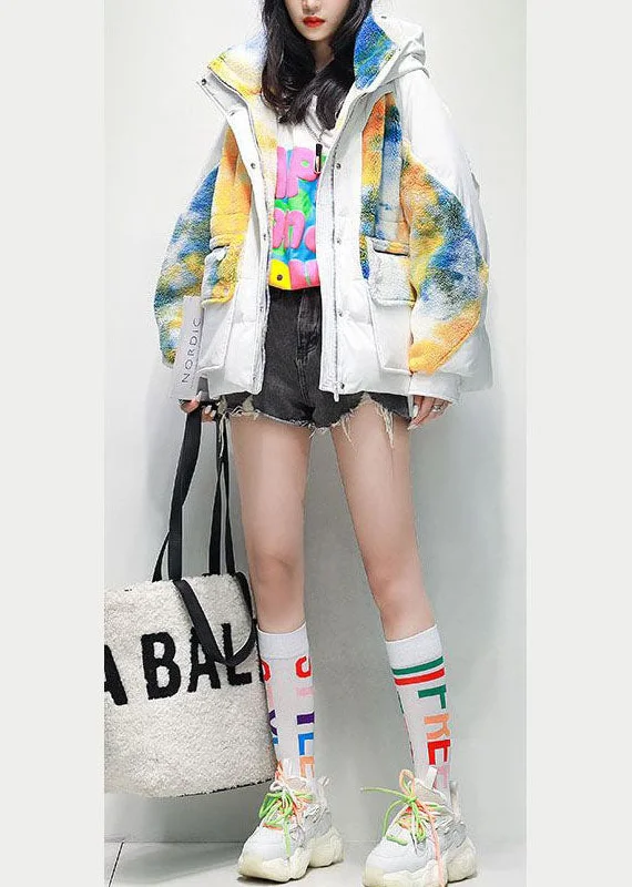 White Patchwork Duck Down Puffers Jackets Oversized Thick Winter