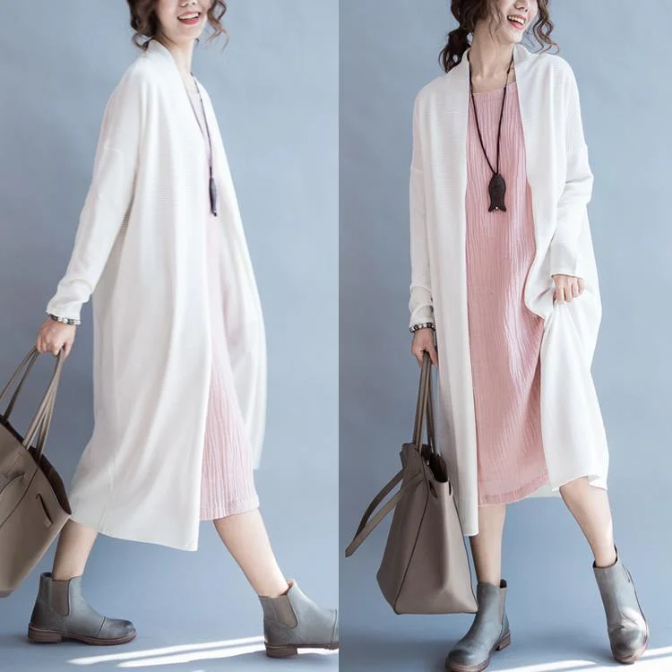 White woolen knit cardigan long knitted coat outwear