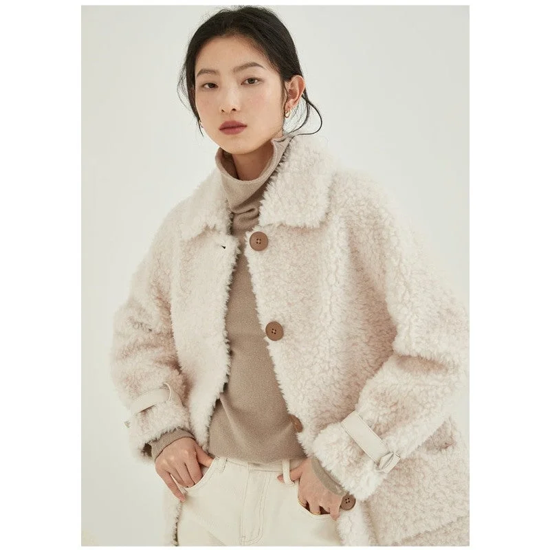 Winter Casual Style Warm Wool Real Fur Shearling Coat Jacket with Pockets