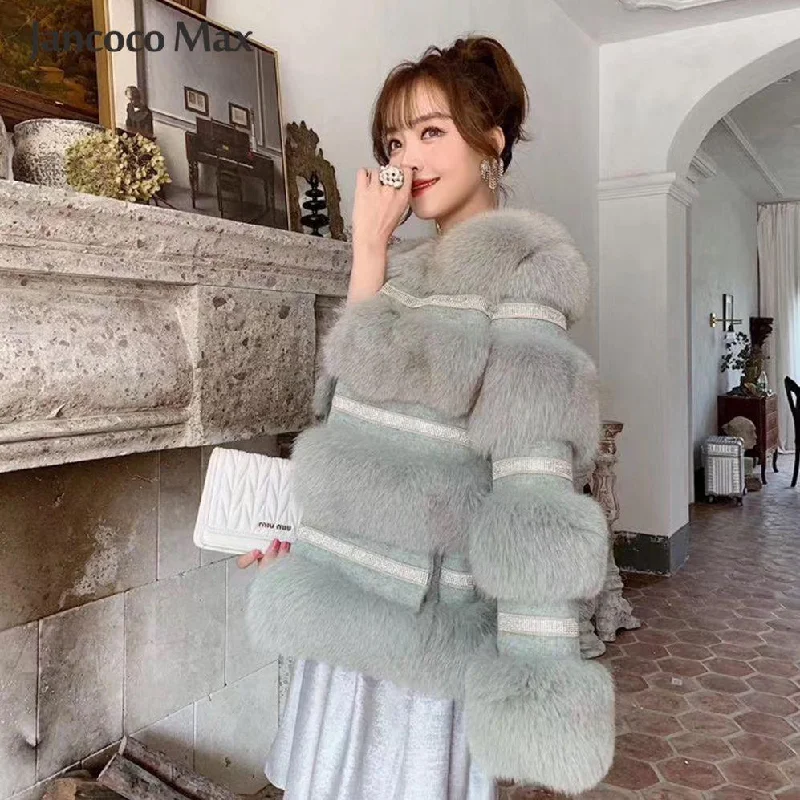 Winter Fashion Women's Solid Real Fox Fur Keep Warm Zipper Coats & Jackets