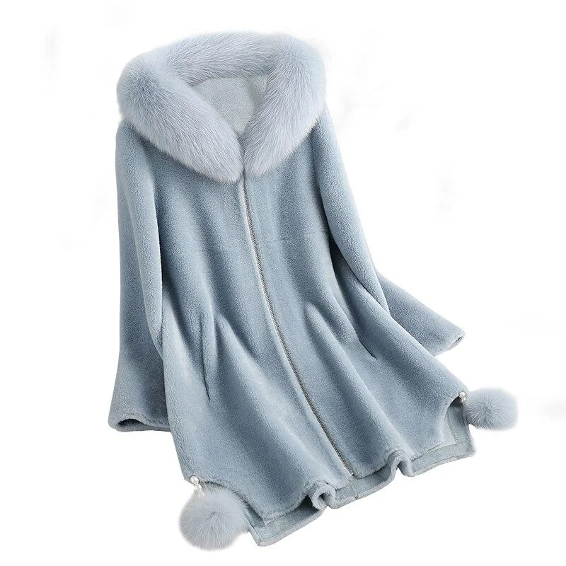 Winter Female Real Sheep Shearling Fur Long Hooded Coats & Jackets