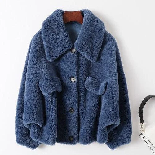 Winter Female Sheep Shearling Fur Wool Bat Sleeves Short Coats & Jackets