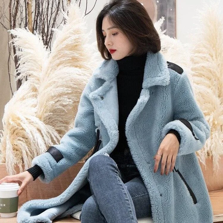 Winter Korean Fashion Female Real Sheep Shearling Fur Long Coats & Jackets