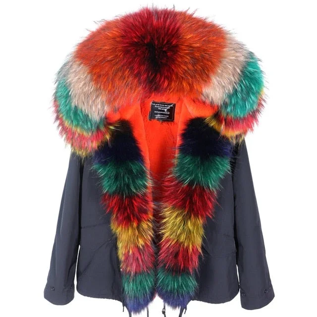 Winter Office Lady Style Full-Sleeved Natural Raccoon Fur Collared Jacket