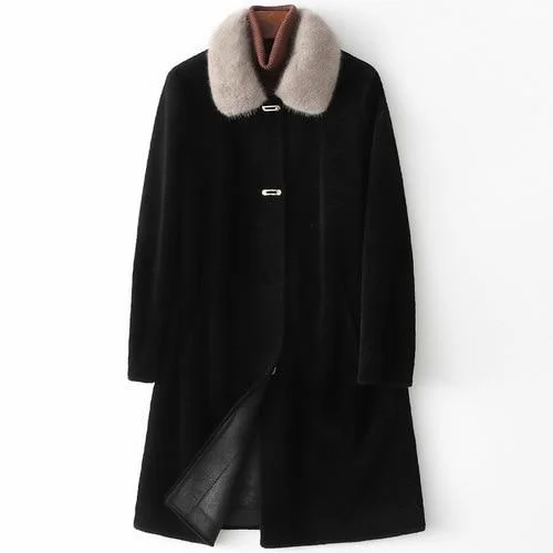 Winter Style Elegant Women's Mink Fur Collar Sheep Shearling Coats & Jackets