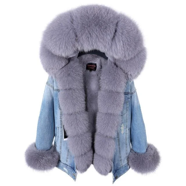 Winter Warm Women's Natural Rabbit Fur Fox Fur Lined Denim Coat & Jacket