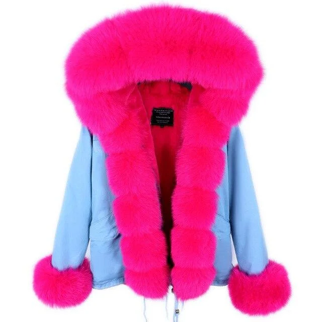 Winter Women's Slim Natural Raccoon Fur Hooded Zipper Short Coats & Jackets